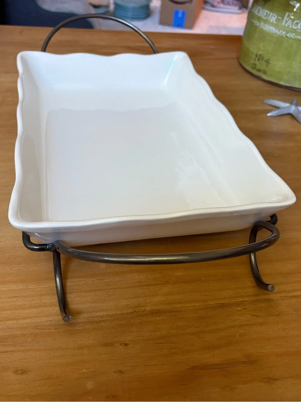 Crate&Barrel White Rectangular Ceramic Serving Dish with Iron Stand